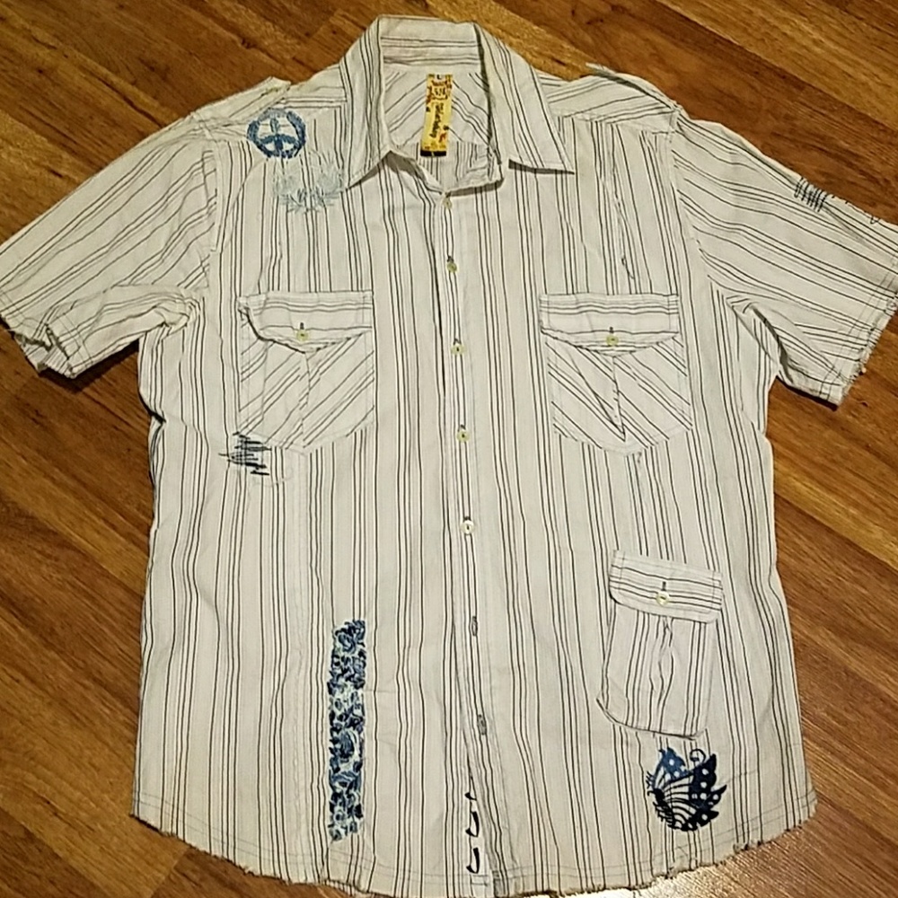 Workshop Chinese Striped Trim Fit Shirt L
